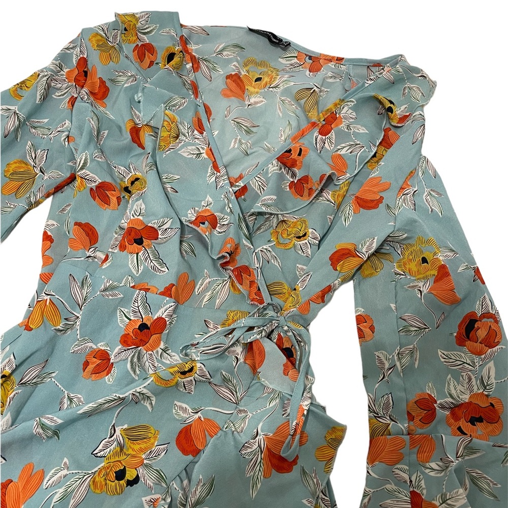 Pretty Little Thing Blue & Orange Floral Ruffle Wrap Dress - Picture 5 of 10